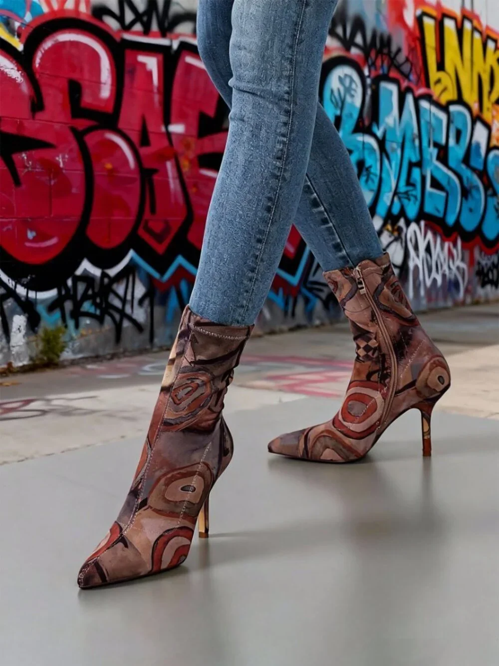 Multicolor Vintage Women's All Over Print Stiletto Slip-On Stretch Ankle Boots